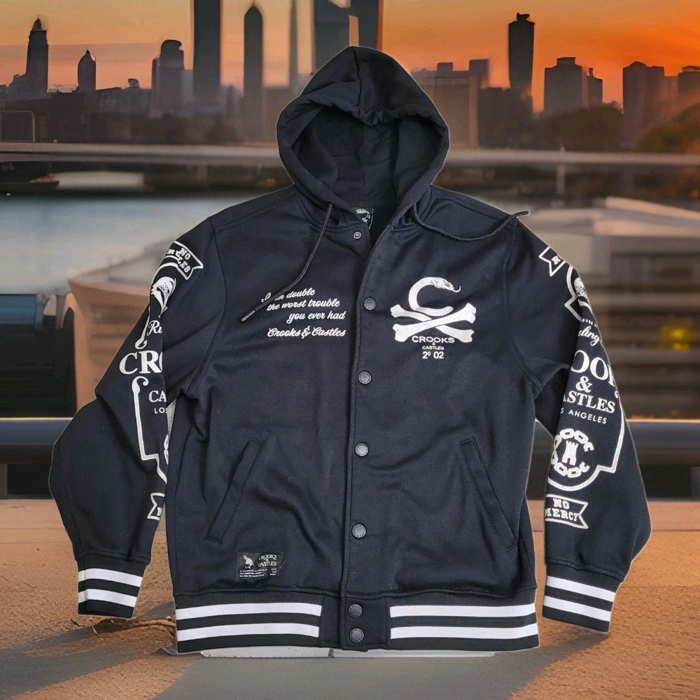 💀Crooks & Castles The Ruling Elite Varsity Hooded Jacket Unisex S Black RARE